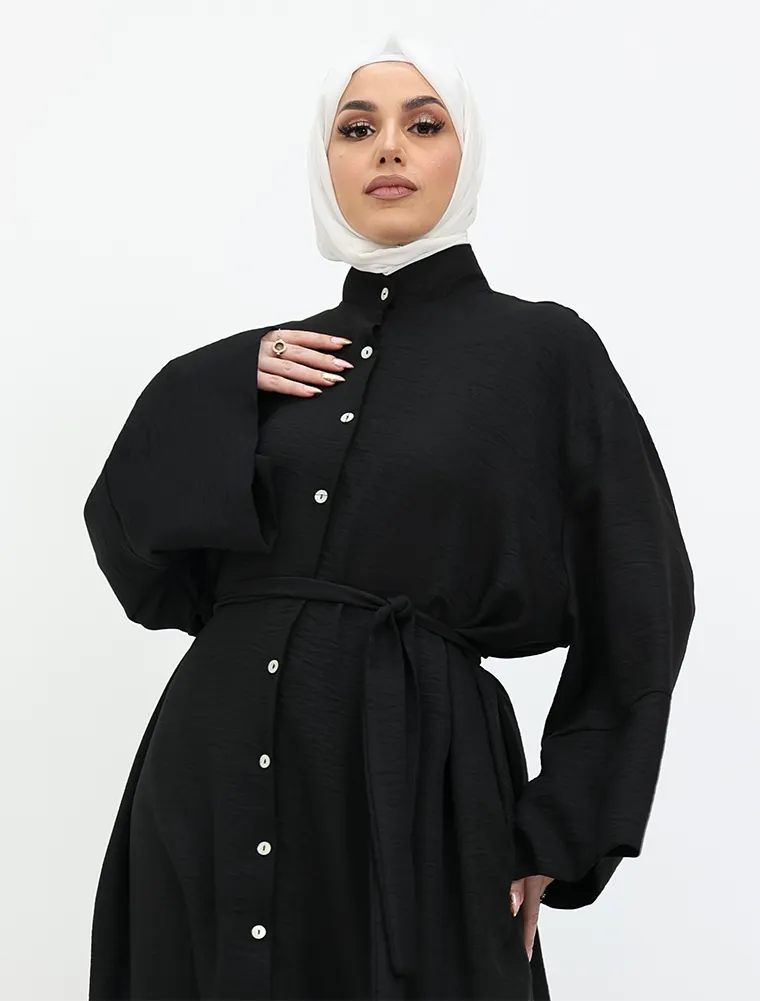 Black Linen Feel Mandarin Shirt
